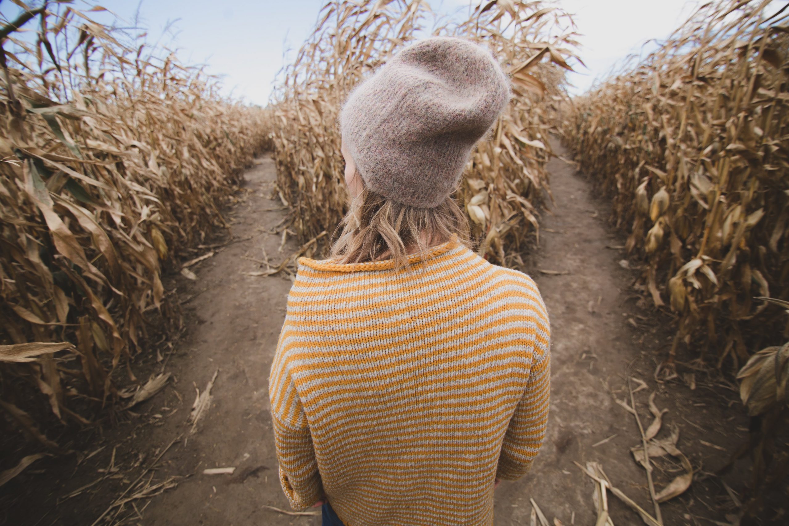 Girl walking through a corn maze