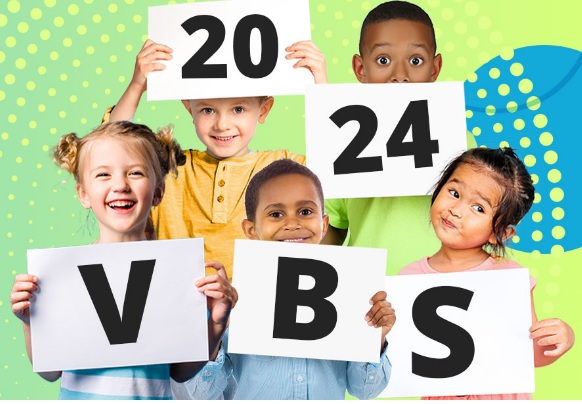 Kids holding a VBS 2024 sign